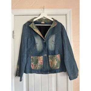 TAKE TWO VINTAGE DENIM JACKET‎ FLORAL BEADED ACCENTS Size L Buttons